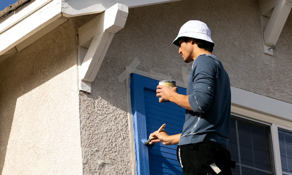Painter applying fresh paint to exterior house shutters during renovation
