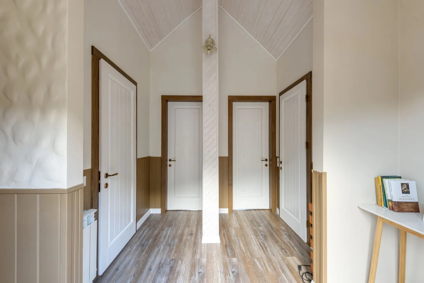 Finished hallway with white interior doors and painted trim