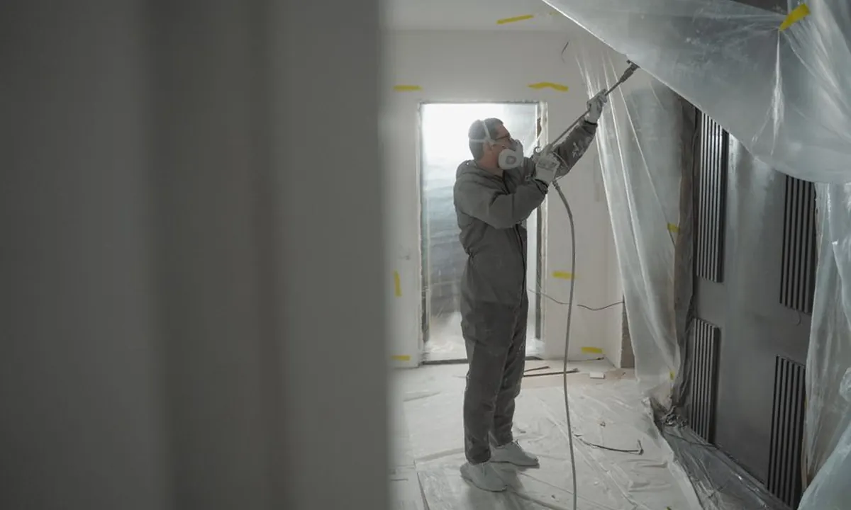 Painter spray-applying a finish during new construction interior work